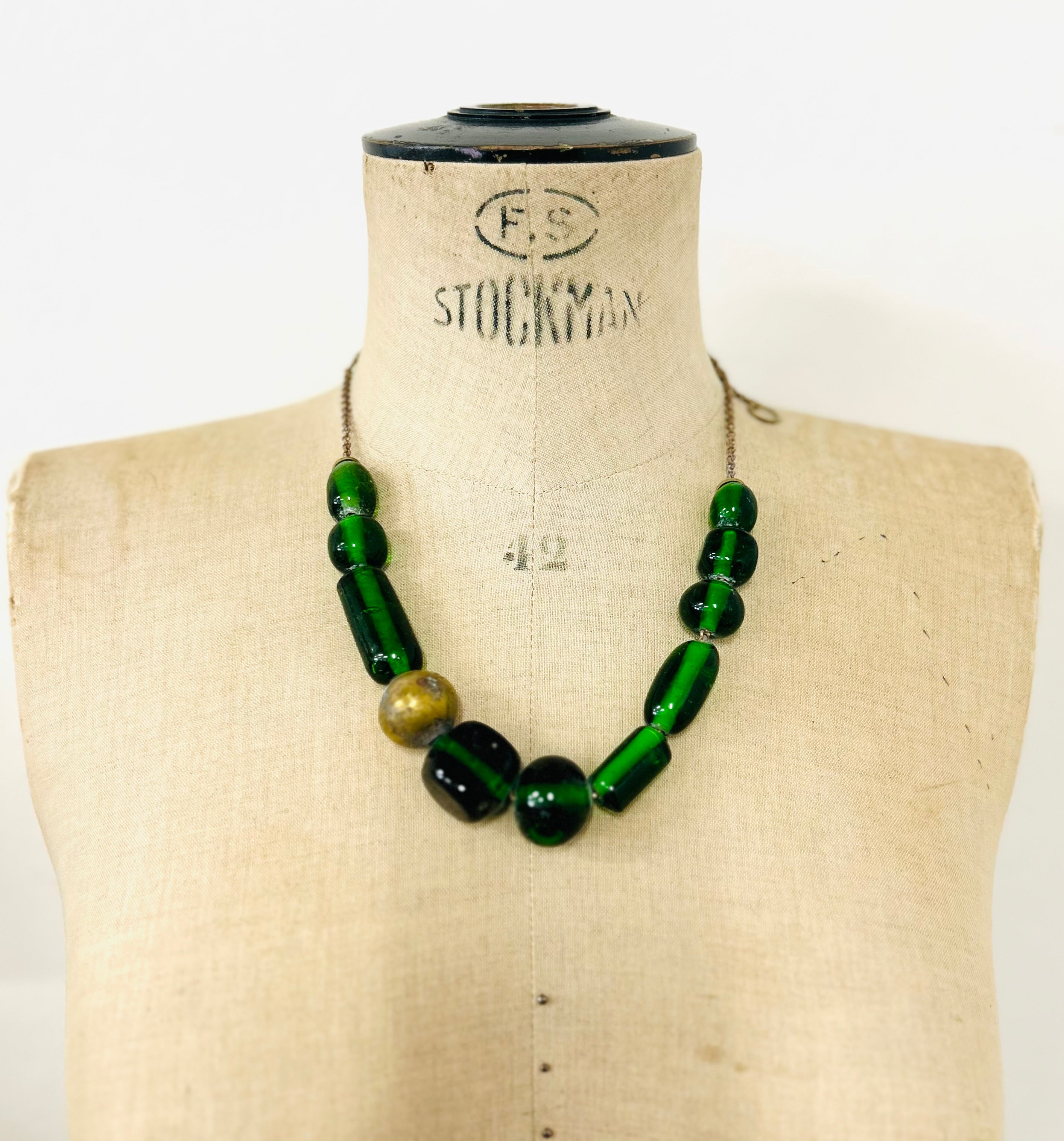 Recycled Tanqueray glass beads short necklace