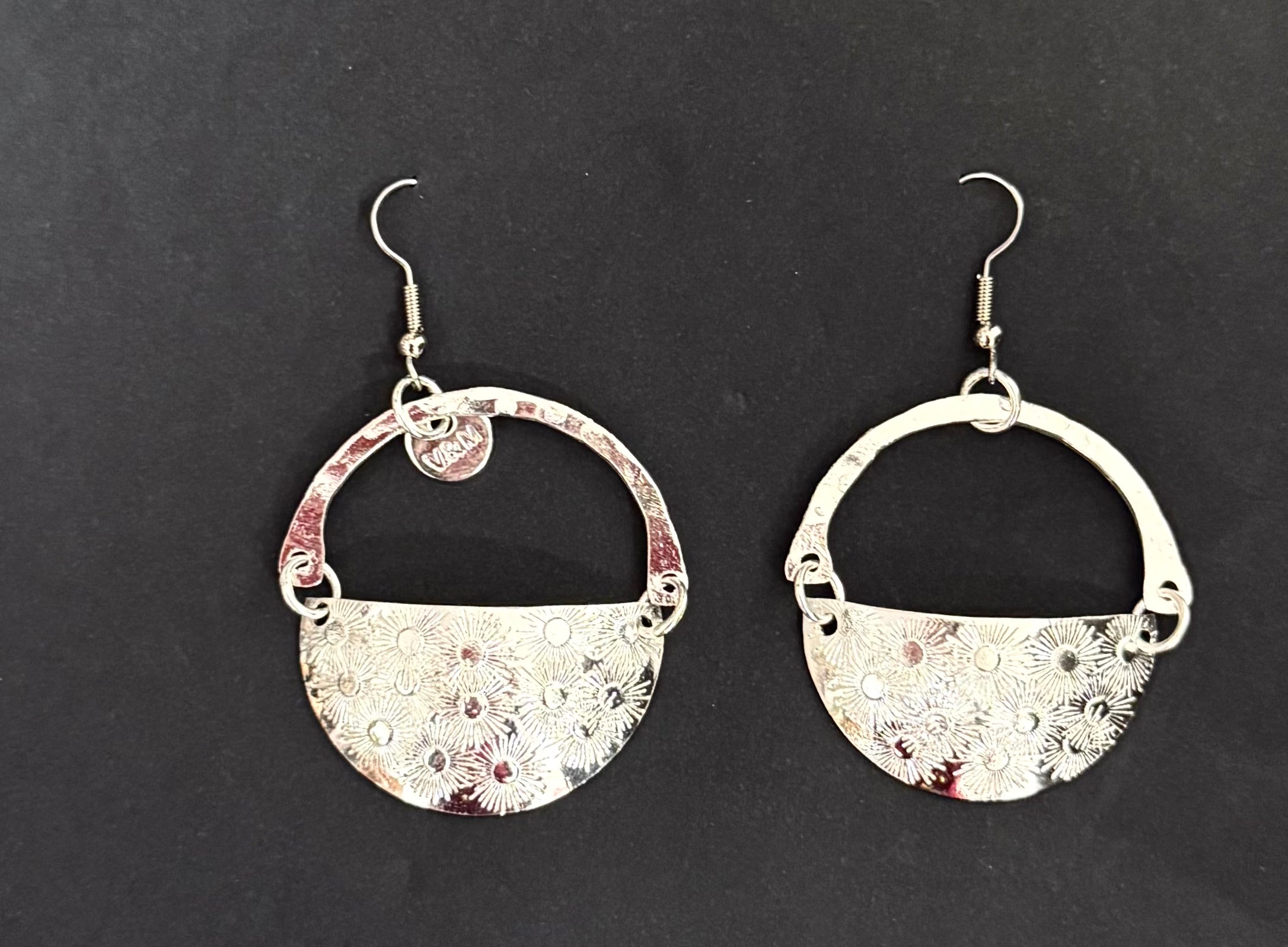 Stamped semi-circle disc and hoop silver earrings