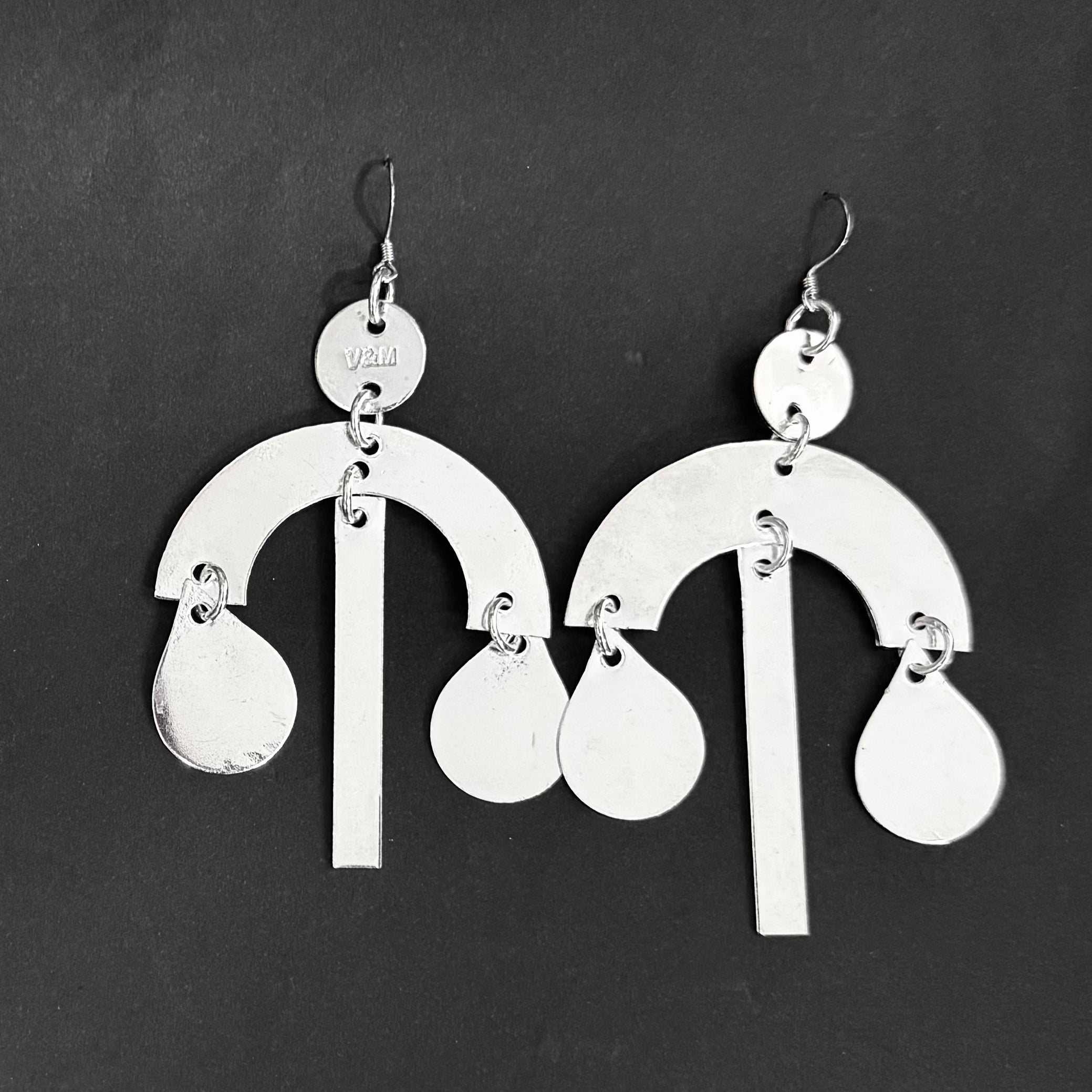 Silver semi-circle and teardrop earrings