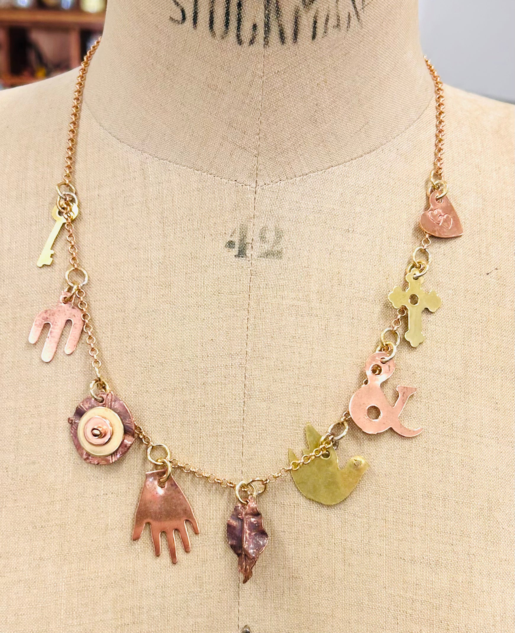 Charm necklace copper and brass
