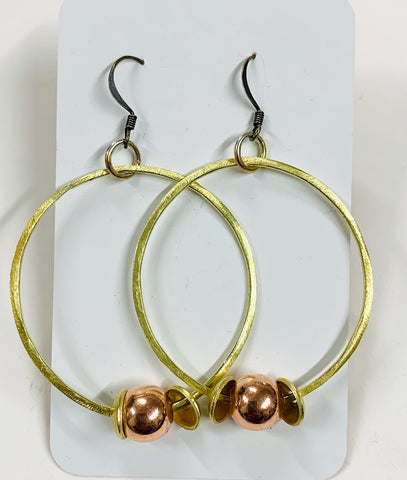 Large brass hoop and copper bead earrings
