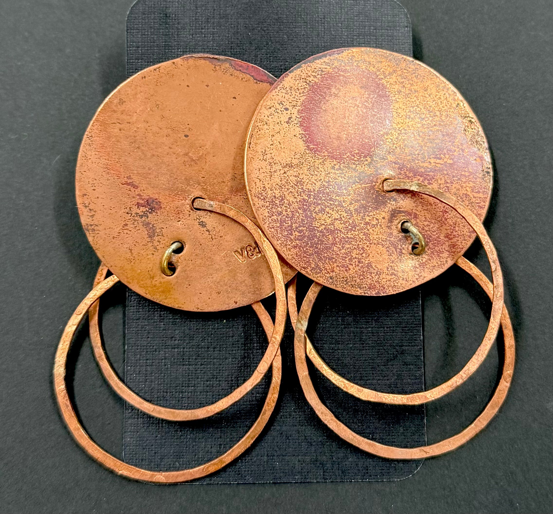 Disc stud and double hoop copper earrings