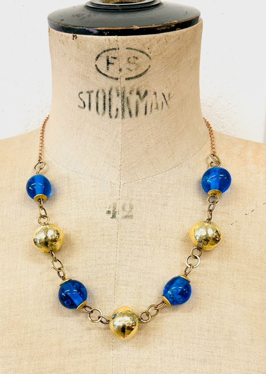 Murano glass and brass beads short necklace