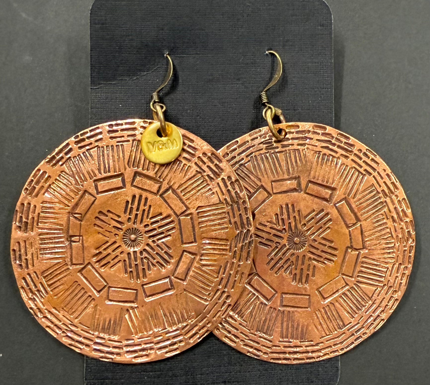 Stamped big disc copper earrings