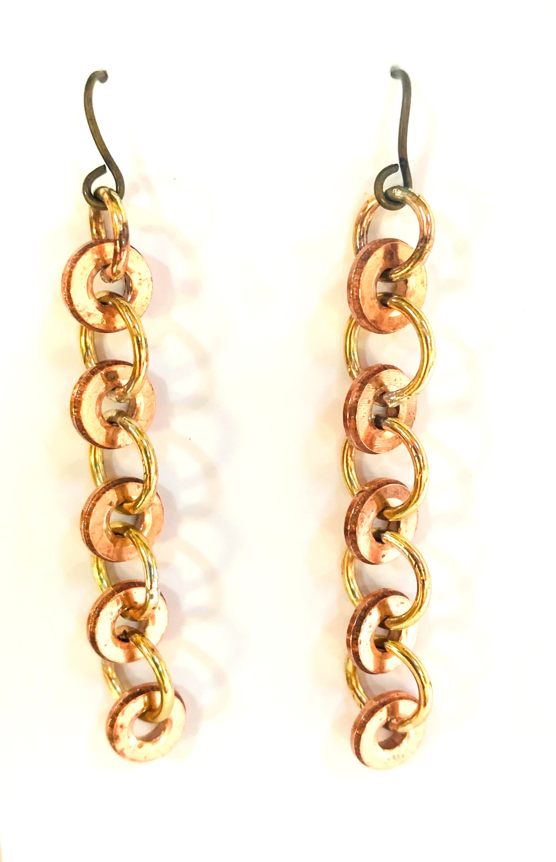 Hand cut 5 circle copper earrings