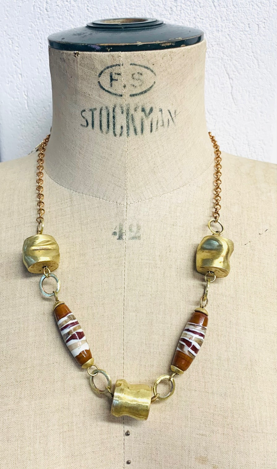 Murano glass and brass beads short necklace