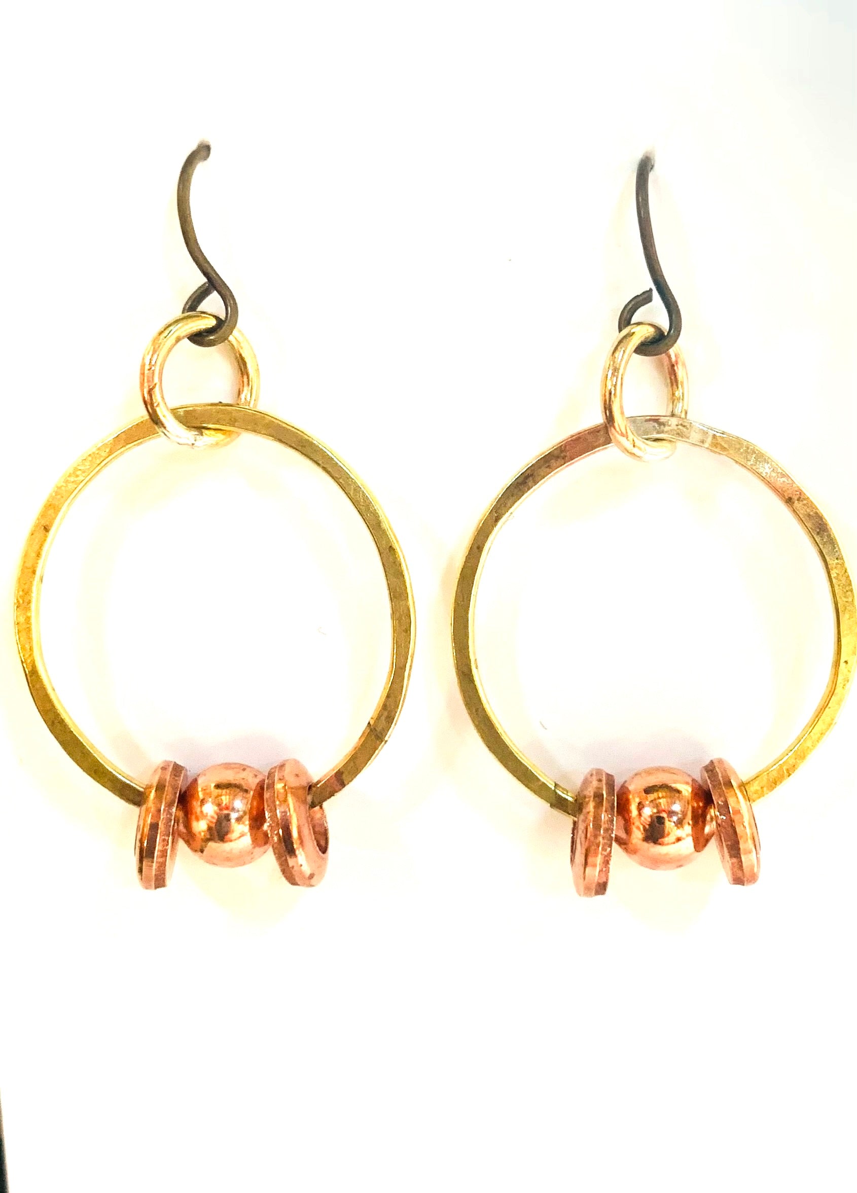 Hand cut hoop and 3 shapes copper earrings