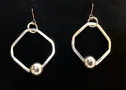Hoop and bead square silver earrings