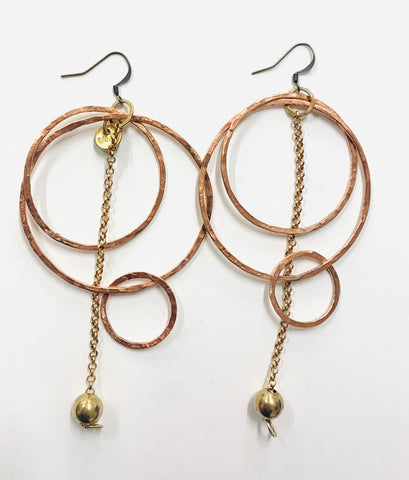 Hoop and chain copper large earrings