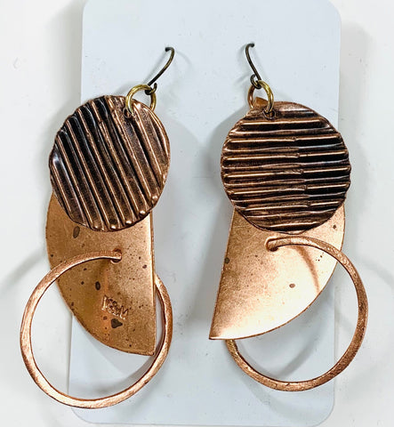 Large semi circle disc and hoop copper earrings