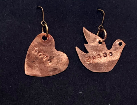 Peace Love Dove copper earrings