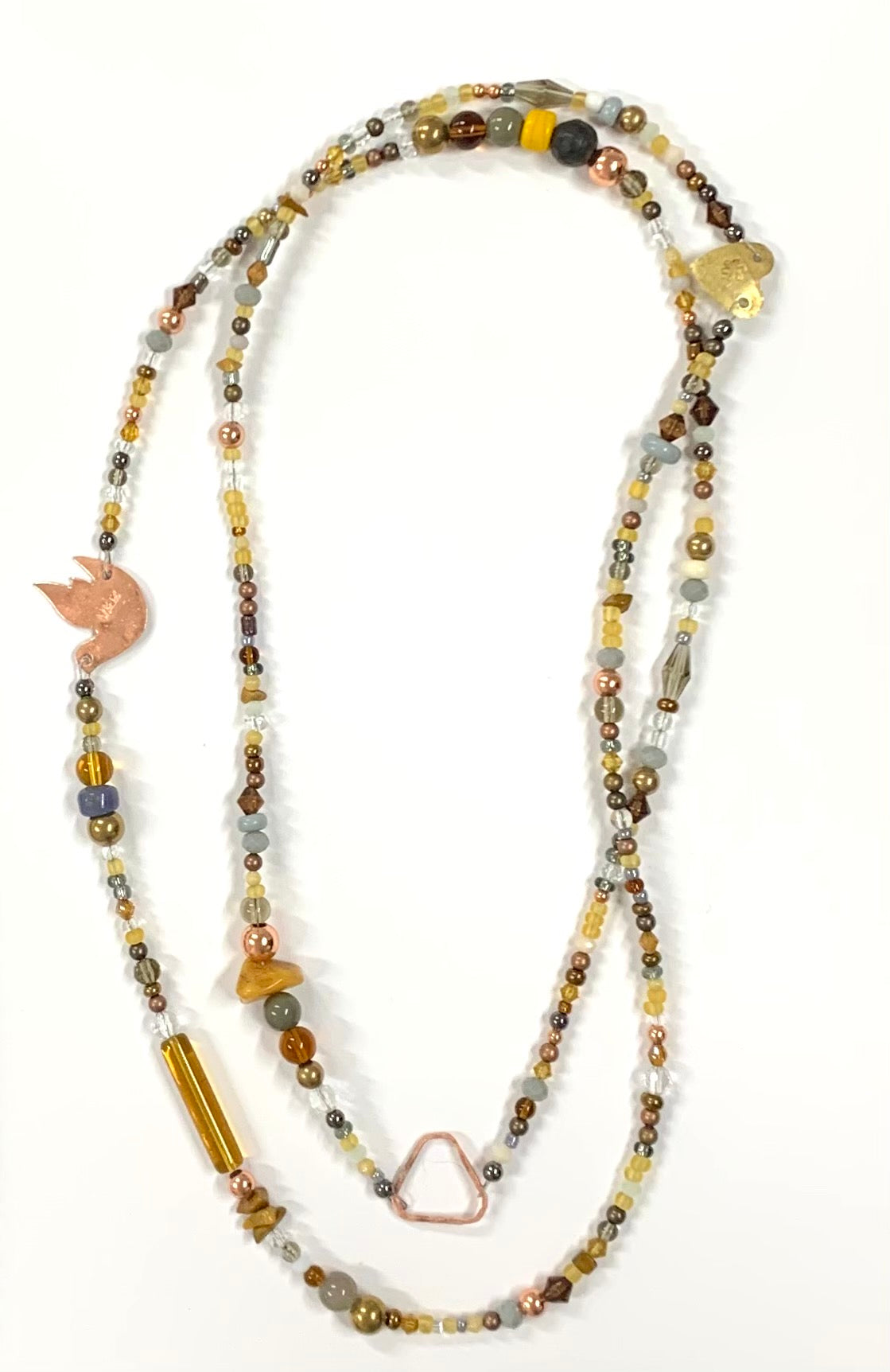 Long mustard and grey glass and metal beads
